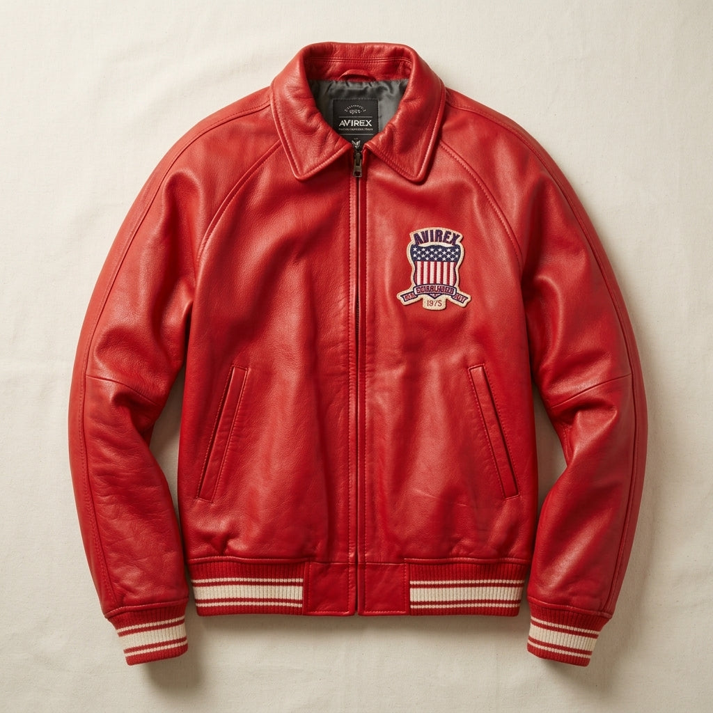 Avirex Icon Inspired Red Leather Bomber Jacket