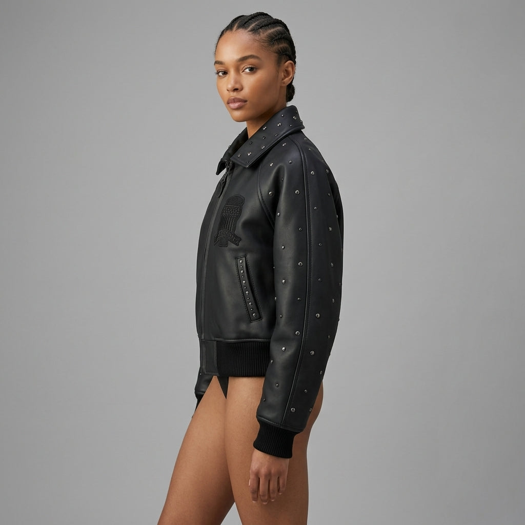 Avirex Cropped Icon Inspired Women's Leather Bomber Jacket – Black